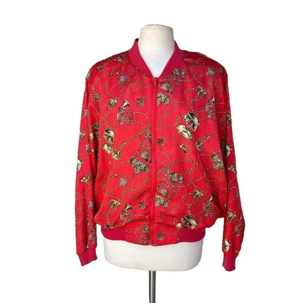 PAPELL TOO L Red French Horn Vintage Full-zip Long Sleeve Pocket Bomber Jacket